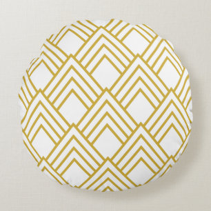 Abstract geometrical, white and gold round pillow