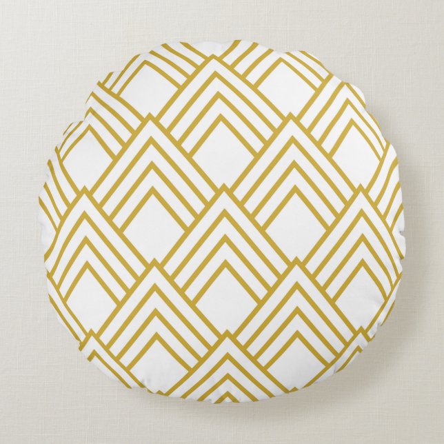 Abstract geometrical, white and gold round pillow (Front)