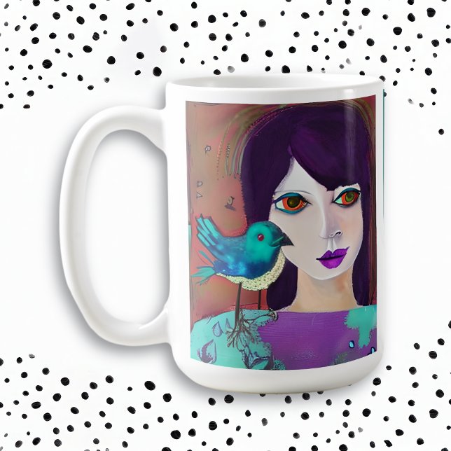 Abstract Girl & Bird Purple and Teal Personalised Coffee Mug (Creator Uploaded)