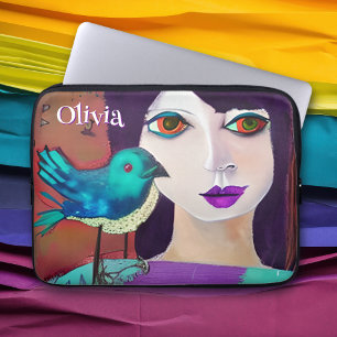 Abstract Girl & Bird Purple and Teal Personalised Laptop Sleeve