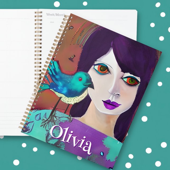 Abstract Girl & Bird Purple and Teal Personalised Planner (Creator Uploaded)