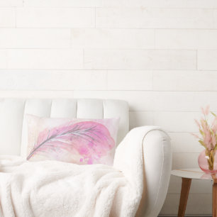 Abstract Girly Pink Watercolor Feather with Name Lumbar Cushion