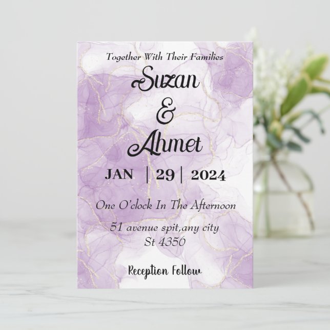 Abstract glitter purple wedding invitation (Standing Front)