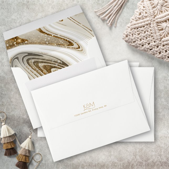 Abstract Glitter Strata Wedding Ivory ID903  Envelope (Interior/Back In Situ)