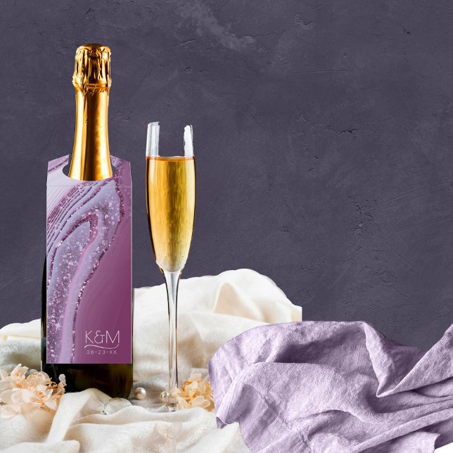 Abstract Glitter Strata Wedding Plum ID903 Bottle Tag (Wine Bottle In Situ)