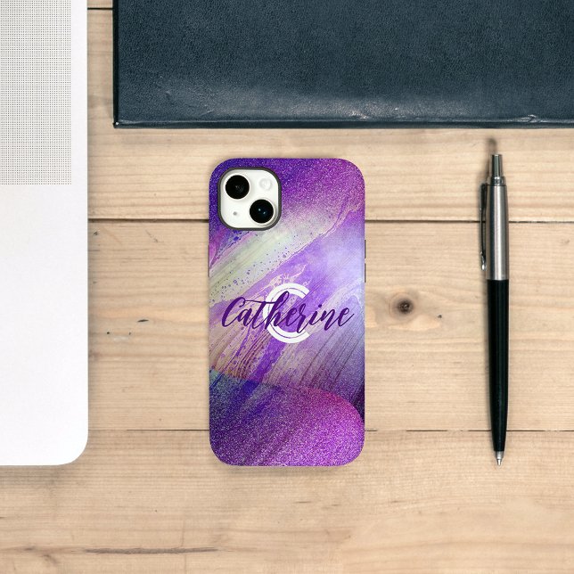 Abstract Glittering Neon Magenta Name & Initial Case-Mate iPhone Case (Creator Uploaded)