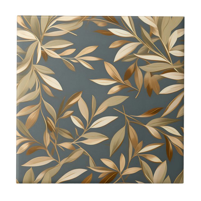 Abstract Gold and Olive Leaves Tile (Front)