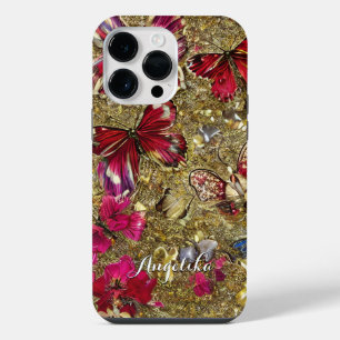 Abstract Gold and Red Flowers Butterflies iPhone 14 Pro Max Case