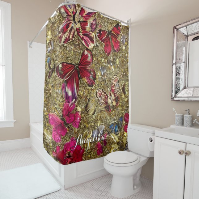 Abstract Gold and Red Flowers Butterflies Shower Curtain (In Situ)