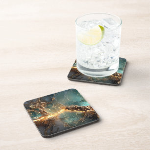 Abstract Gold and Teal Marbled Art Coaster