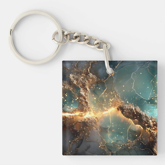 Abstract Gold and Teal Marbled Art Key Ring (Front)