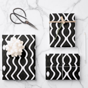 Abstract Gold Black And White Wavy Stripes Wrapping Paper Sheet