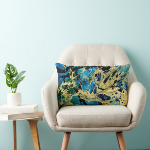 Abstract Gold Blue Marble Fluid Art Lumbar Pillow