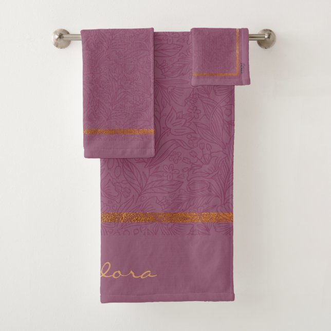 Abstract Gold Burgundy Floral Bath Towel Set (Insitu)