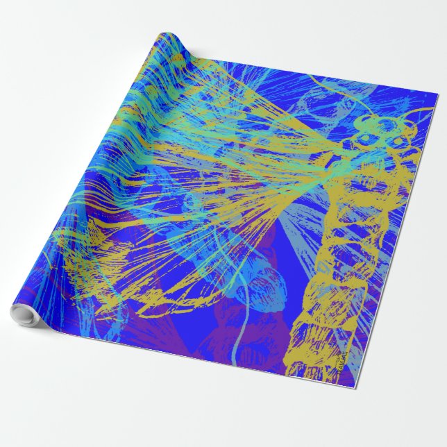 Abstract Gold Butterfly Blue Pastel Wrapping Paper (Unrolled)