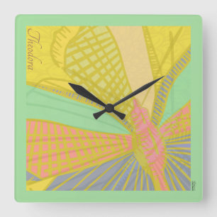 Abstract Gold Butterfly Jade Pink Square Wall Clock