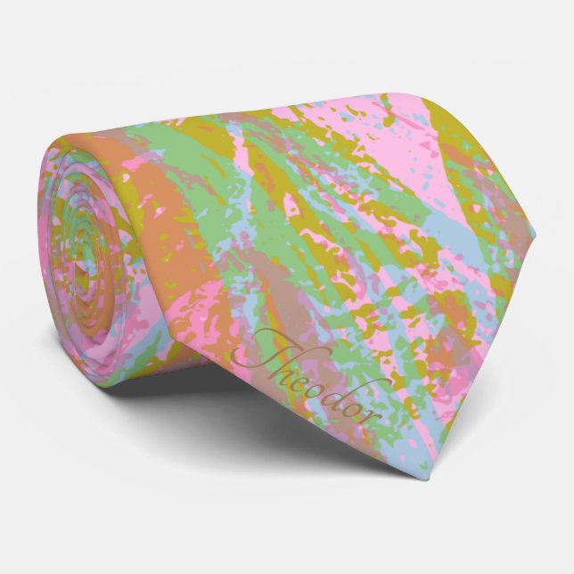 Abstract Gold Butterfly Pink Violet Pattern Tie (Rolled)