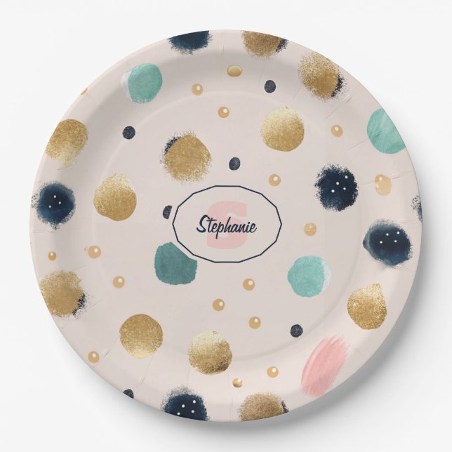 Abstract Gold & Colourful Brushstroke Circle Paper Plate (Front)