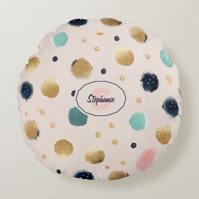 Abstract Gold & Colourful Brushstroke Circle Round Cushion (Front)