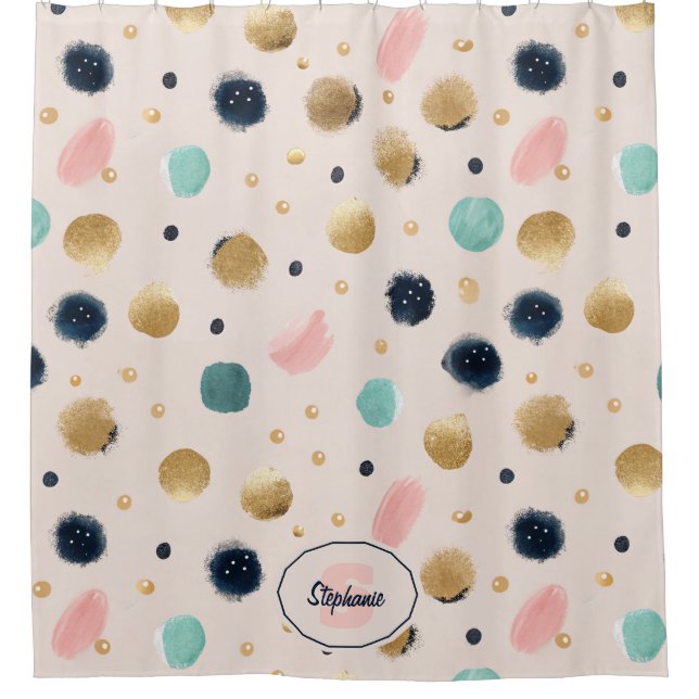 Abstract Gold & Colourful Brushstroke Circle Shower Curtain (Front)