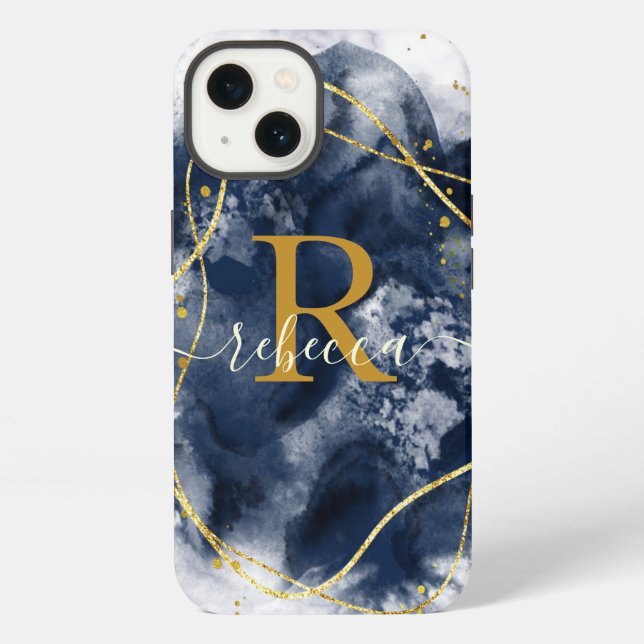 Abstract Gold Grey Monogram Custom Name Script iPhone Case (Back)