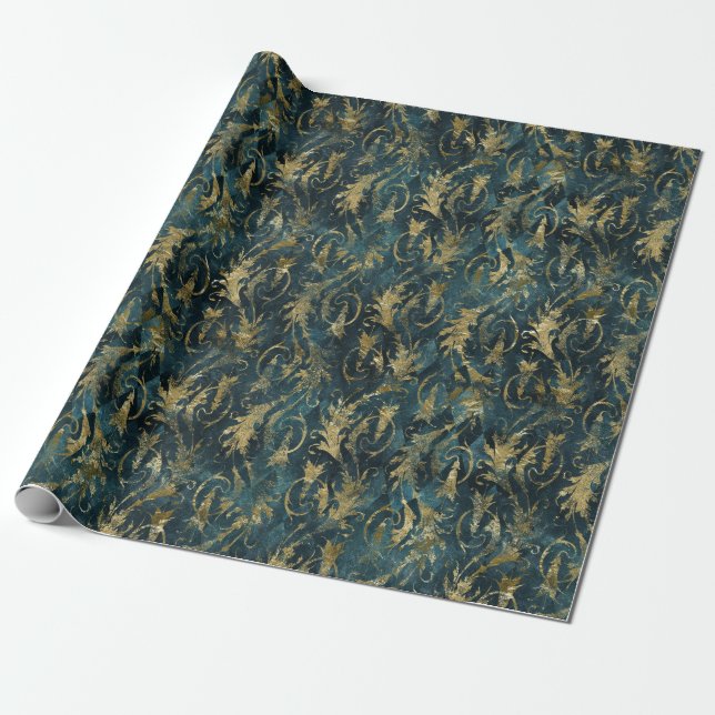 Abstract Gold Leaves on Green Wrapping Paper (Unrolled)