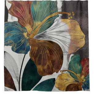 Abstract Gold Line Floral Art with Bold Petals Shower Curtain