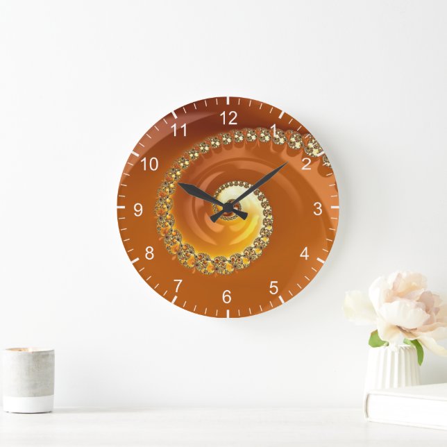 Abstract Gold Orange Gradient Spiral Fractal Large Clock (Home)