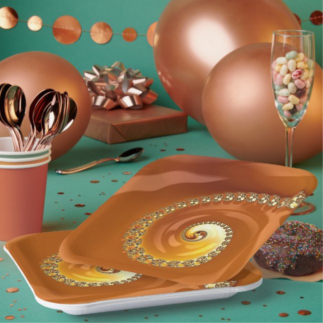 Abstract Gold Orange Gradient Spiral Fractal Paper Plate (Multi)