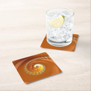 Abstract Gold Orange Gradient Spiral Fractal Square Paper Coaster