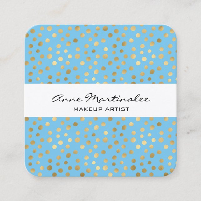 Abstract Gold Polka Dots on Baby Blue Square Business Card (Front)
