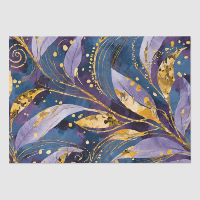 Abstract Gold Purple and Blue Leaves Decoupage Tissue Paper (Front)