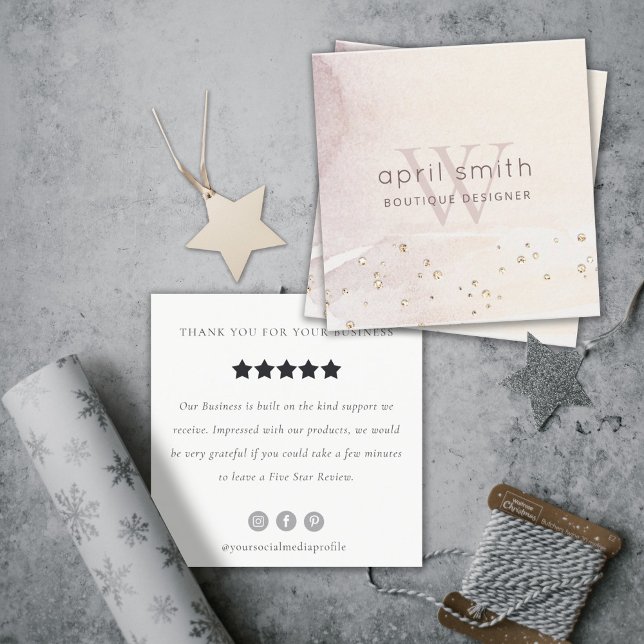 Abstract Gold Purple Monogram Review Request Square Business Card (Creator Uploaded)