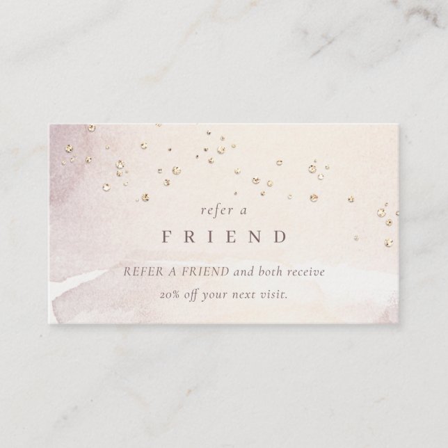 Abstract Gold Purple Watercolor Refer a Friend Business Card (Front)
