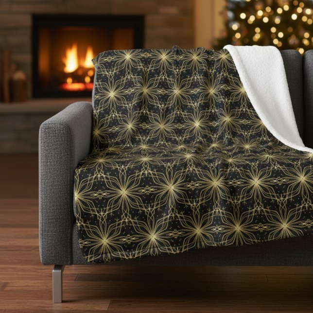 Abstract Gold Starburst Geometric Pattern Black Sherpa Blanket (Creator Uploaded)