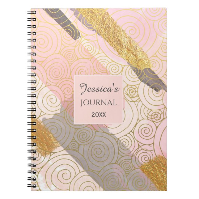 Abstract Gold Stripes and Pink Swirls Personalised Notebook (Front)