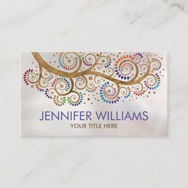 Abstract gold swirl tree branch -colourful leaves  business card (Front)