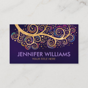 Abstract gold swirl tree branch -colourful leaves business card