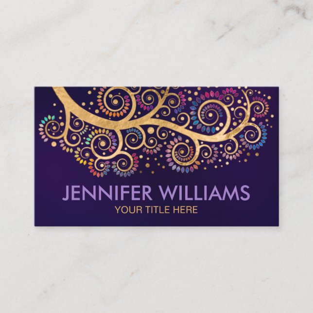 Abstract gold swirl tree branch -colourful leaves business card (Front)