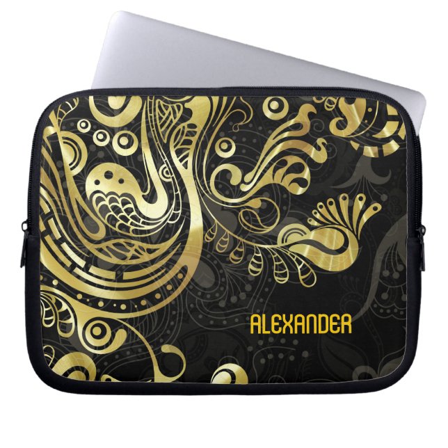 Abstract Gold Swirls -Custom Monogram Laptop Sleeve (Front)