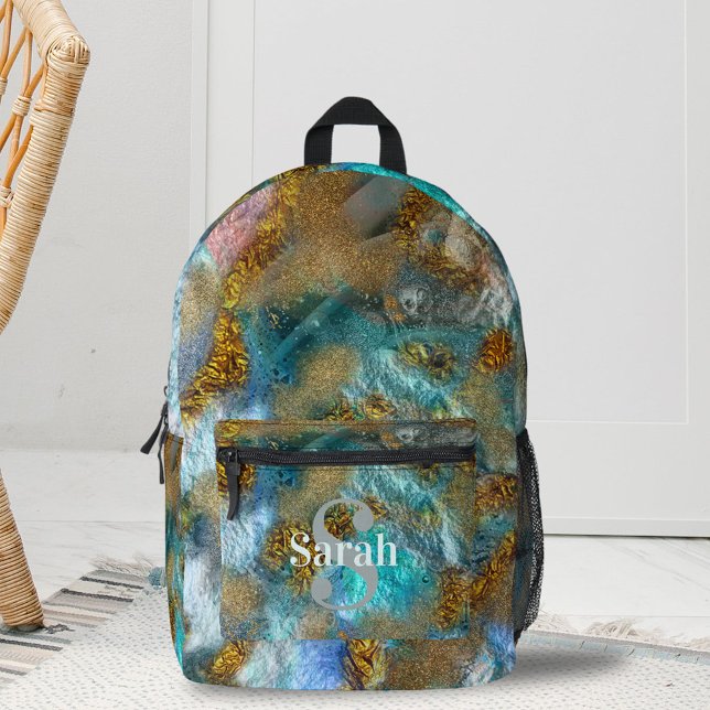 Abstract Gold Teal Faux Foil Glitter Name Monogram Printed Backpack (Creator Uploaded)