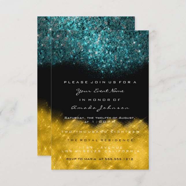 Abstract Gold Teal Ocean Glitter Black White Event Invitation (Front/Back)