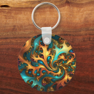 Abstract Gold Teal Orange Flames, Key Ring