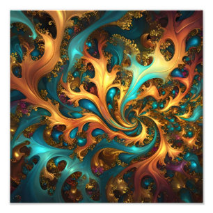 Abstract Gold Teal Orange Flames, Photo Print