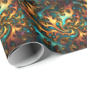 Abstract Gold Teal Orange Flames, Wrapping Paper
