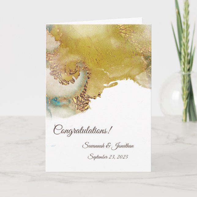 Abstract Gold Teal Personalised Wedding Card (Front)