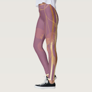 Abstract Gold Violet Floral Leggings