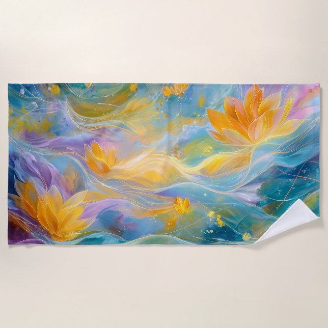 Abstract Golden Lotus Floating Flowers  Beach Towel (Front)