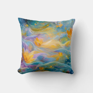 Abstract Golden Lotus Floating Flowers Cushion