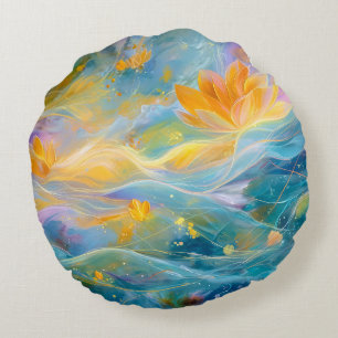 Abstract Golden Lotus Floating Flowers Round Cushion